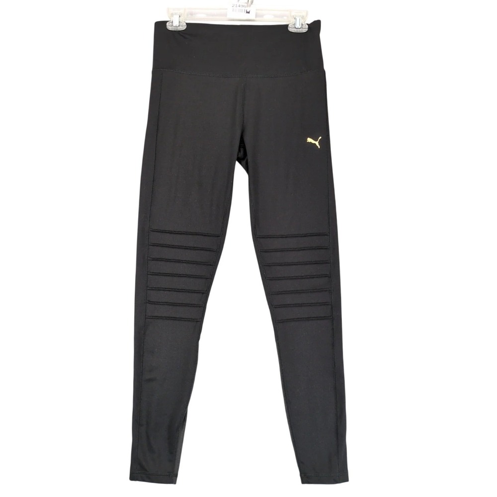 PUMA Black Athletic Leggings Womens XL Moto Stretch Performance Gold Logo Sporty